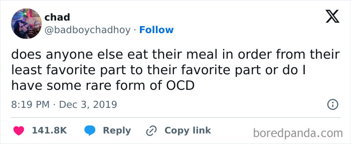 Social media post about eating meals from least to most favorite part, a funny meme in hilarious meme collection.