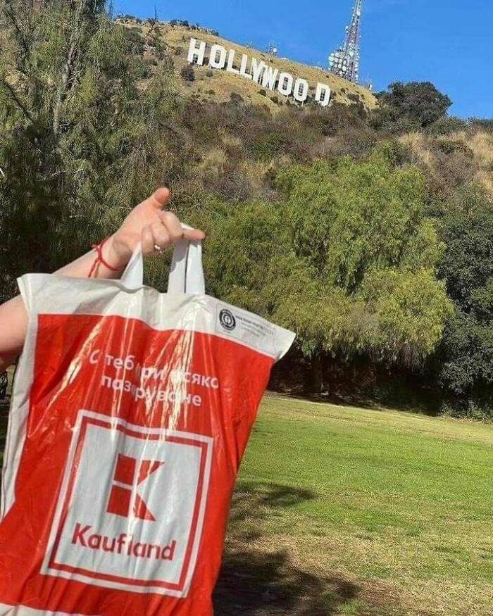 Person holding a Kaufland plastic bag with a view of the Hollywood sign, capturing Eastern Europe humor in a scenic setting.