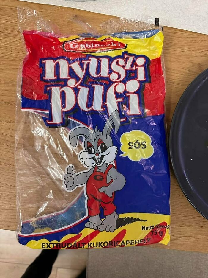 Empty Eastern Europe snack bag with a cartoon rabbit on a colorful red, blue, and yellow background.