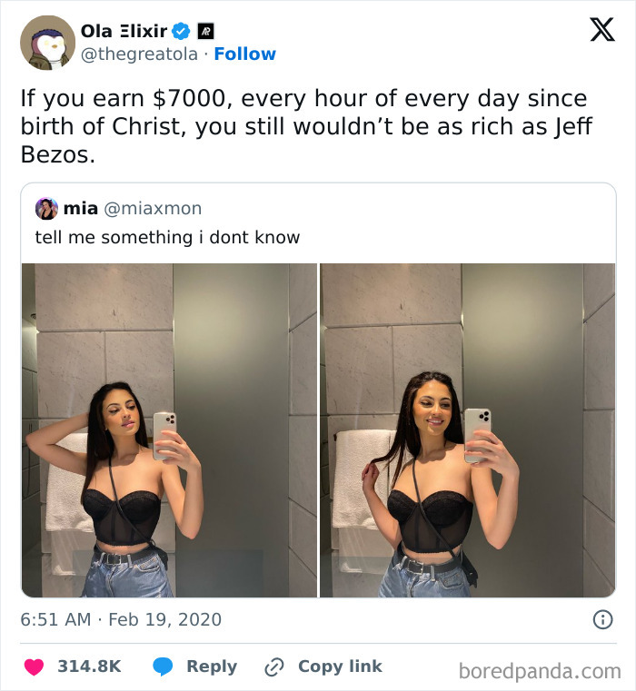 Screenshot of a tweet showing a math problem about earning $7000 every hour since birth compared to Jeff Bezos’s wealth.