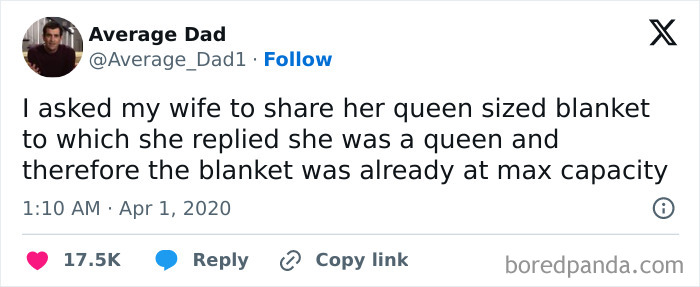 Tweet from Average Dad sharing a sweet and wholesome moment about a queen sized blanket and playful wife response.