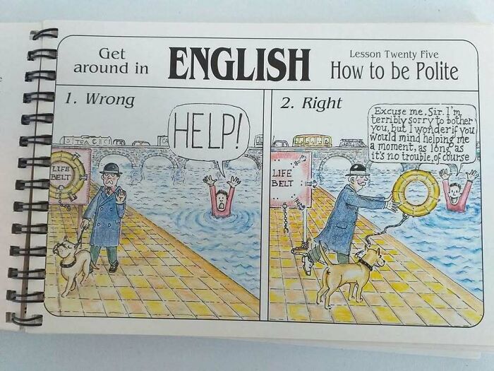 Comic strip showing how to be polite, with a man calmly offering a life belt to a drowning person, illustrating hilarious memes about politeness.