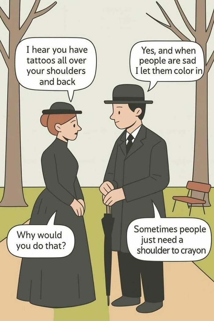 Cartoon of two people in old-fashioned black clothing discussing tattoos and coloring to cheer up, funny meme concept.