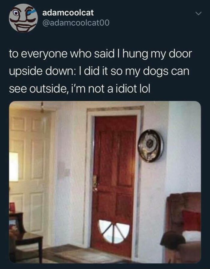 Funny meme showing a door hung upside down with a cutout for dogs to see outside, highlighting hilarious memes.