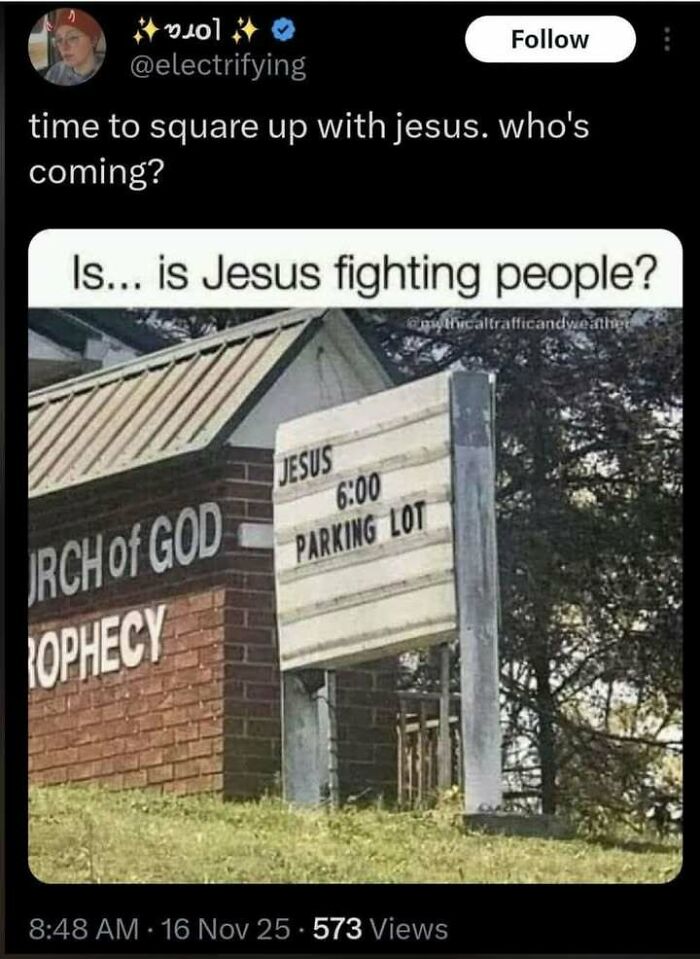 Screenshot of a funny meme about Jesus fighting with people, part of hilarious memes that make you forget stress.