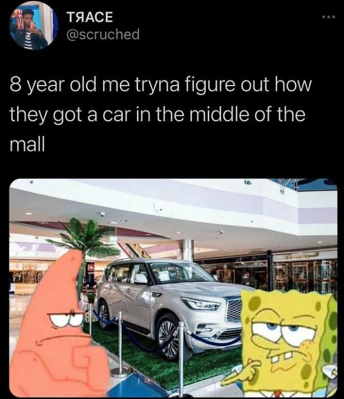 A funny meme showing SpongeBob and Patrick confused about how a car is displayed inside a mall, highlighting hilarious memes.