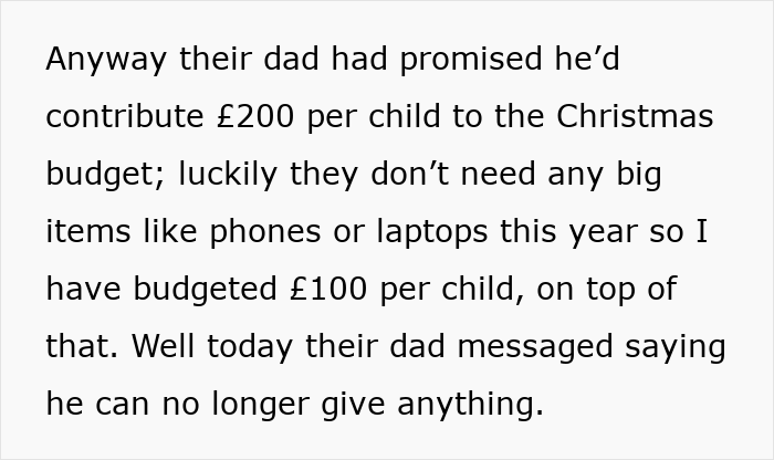 Text excerpt showing a dad promised to contribute money per child for Christmas but later changed his mind causing mom to panic. Text excerpt showing a dad promised to contribute money per child for Christmas but later changed his mind causing mom to panic.