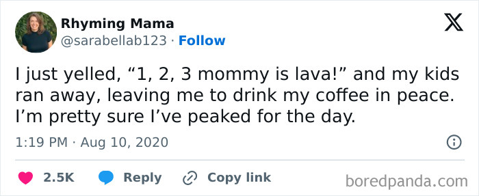 Tweet from Rhyming Mama sharing a relatable parents meme about using "mommy is lava" to get a peaceful coffee moment.