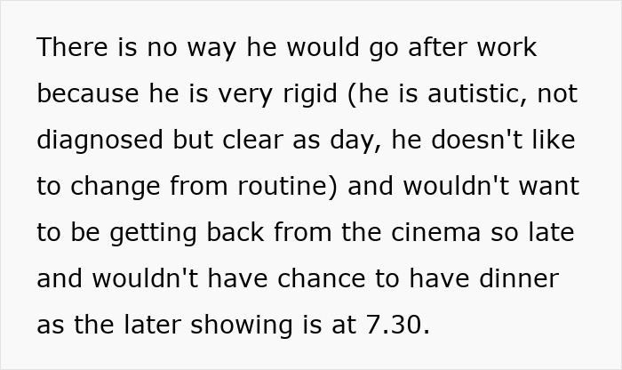 Text on screen describing a woman planning an outing with her husband after work, considering his rigid routine. Text on screen describing a woman planning an outing with her husband after work, considering his rigid routine.