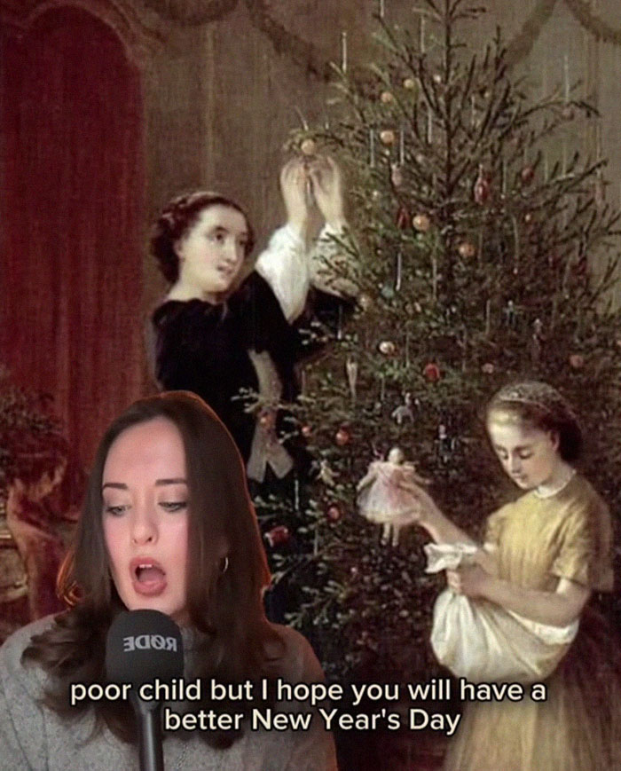 Woman reading a letter in front of a Victorian painting of children decorating a Christmas tree about worst Victorian boyfriend. Woman reading a letter in front of a Victorian painting of children decorating a Christmas tree about worst Victorian boyfriend.