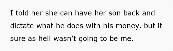 Text image showing a statement about an entitled mother and expenses split between son and girlfriend. Text image showing a statement about an entitled mother and expenses split between son and girlfriend.