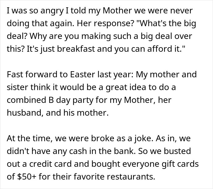 Text excerpt describing a brother who makes his brother-in-law pay for dinner during a family birthday party event. Text excerpt describing a brother who makes his brother-in-law pay for dinner during a family birthday party event.