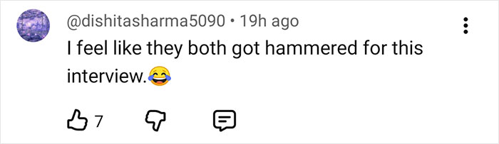 Comment from user dishitasharma5090 reacting humorously to an interview, referencing Sydney Sweeney and a lie detector test controversy. Comment from user dishitasharma5090 reacting humorously to an interview, referencing Sydney Sweeney and a lie detector test controversy.