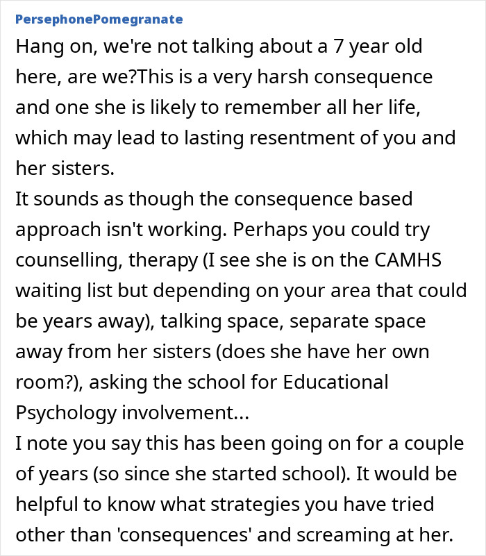 Comment discussing a mom&rsquo;s harsh punishment for a 7-year-old and suggesting therapy and counseling advice.