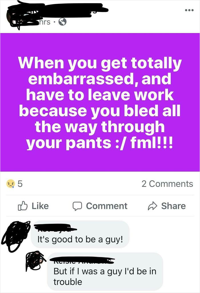 Screenshot of a confusing text post about embarrassment and bleeding, illustrating texts that make people pause and reread.