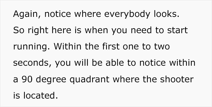 Text explaining how to quickly identify a shooter&rsquo;s location within a 90-degree quadrant during mass shooting survival situations.
