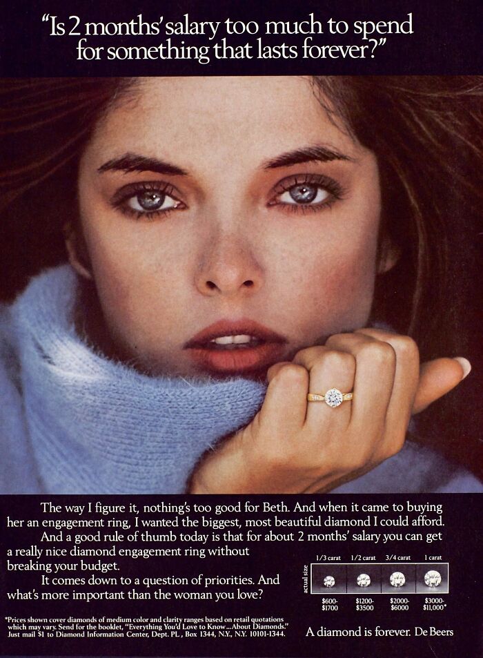 Vintage ad showing a close-up of a woman with a diamond engagement ring, illustrating past marketing strategies.