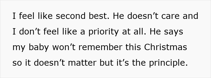 Text expressing feelings of being heartbroken and unimportant as hubby ditches wife and baby on Christmas. Text expressing feelings of being heartbroken and unimportant as hubby ditches wife and baby on Christmas.
