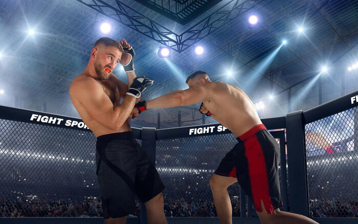 Two fighters in an MMA cage, one landing a punch, showing intense action in a once-famous regular job sport event.