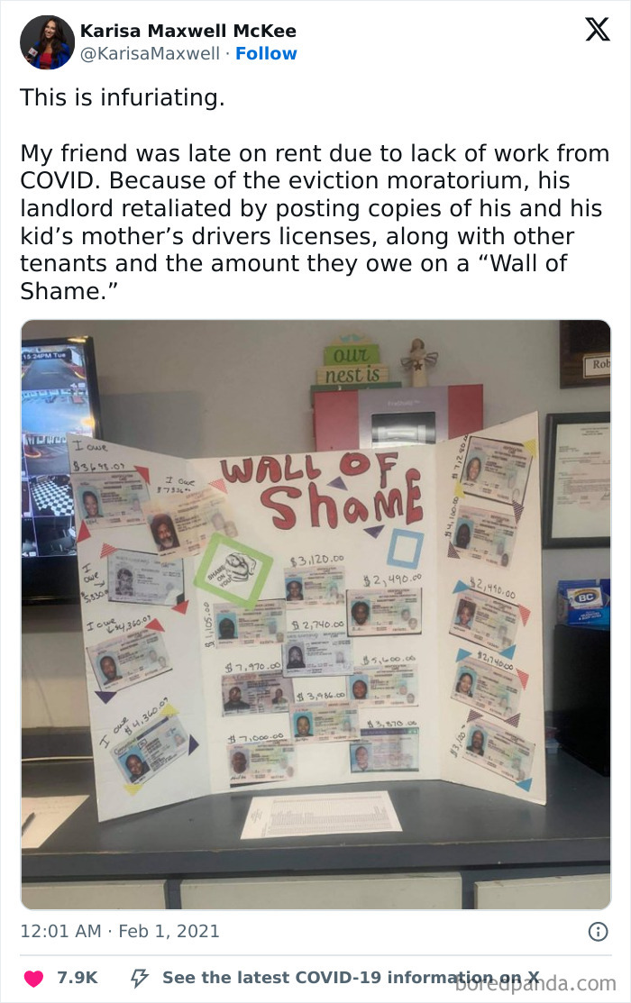 Wall of Shame display showing tenants’ drivers licenses and amounts owed in a rental nightmare exposed by landlords.