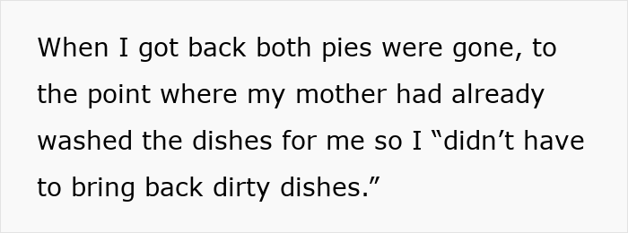 Text on screen showing a man explaining relatives gobbled up his homemade pies behind his back during Christmas.