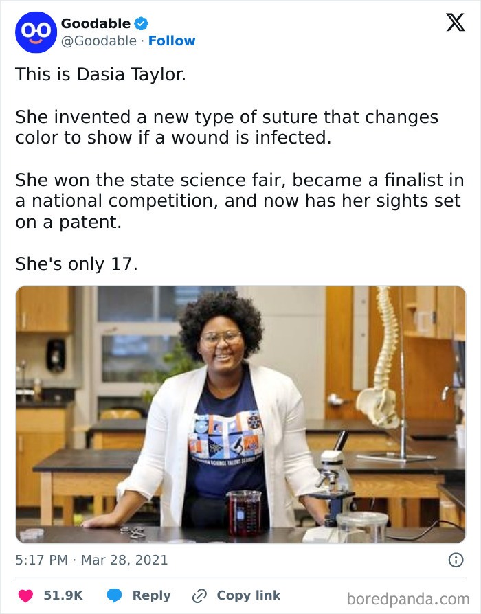 Teen inventor in a science lab showcasing an innovative suture that changes color to indicate infection for SEO interest.