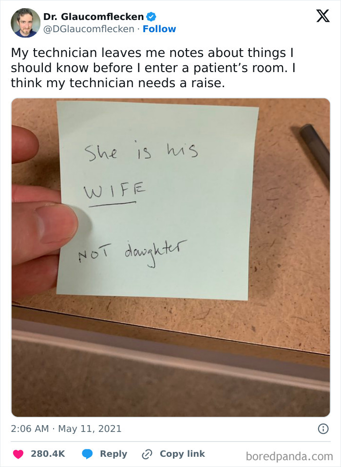 Handwritten note from technician clarifying patient is wife not daughter, a funny moment from stress-relief memes collection.