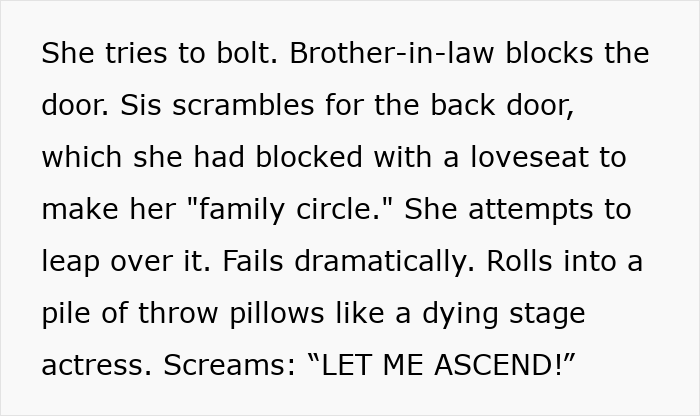 Sister’s barefoot spiritual advisor causes chaos at Thanksgiving, tries to escape, blocked by brother-in-law, ends in dramatic fall.