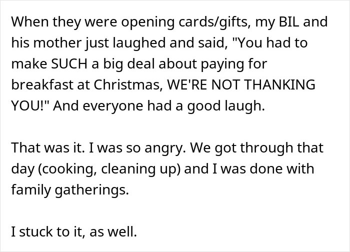 Text excerpt showing frustration after brother-in-law makes a big deal about paying for dinner at family Christmas. Text excerpt showing frustration after brother-in-law makes a big deal about paying for dinner at family Christmas.