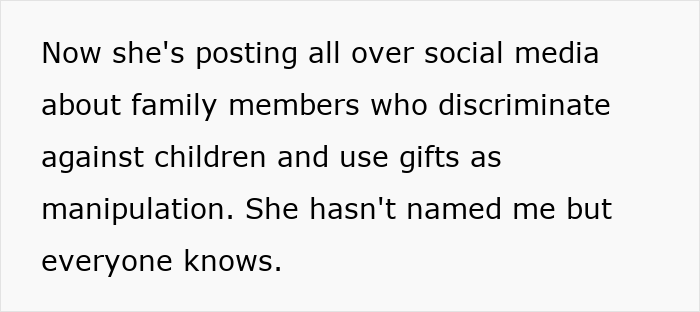 Text about family conflict on social media over Christmas gifts and manipulation involving unruly niblings. Text about family conflict on social media over Christmas gifts and manipulation involving unruly niblings.