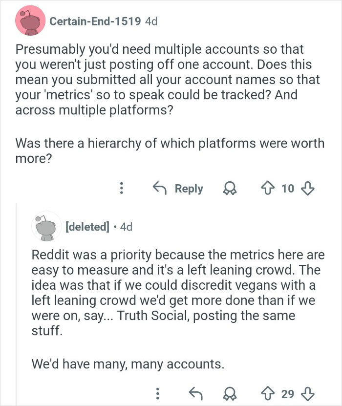 Screenshot of an online conversation discussing strategies to discredit veganism using multiple social media accounts.