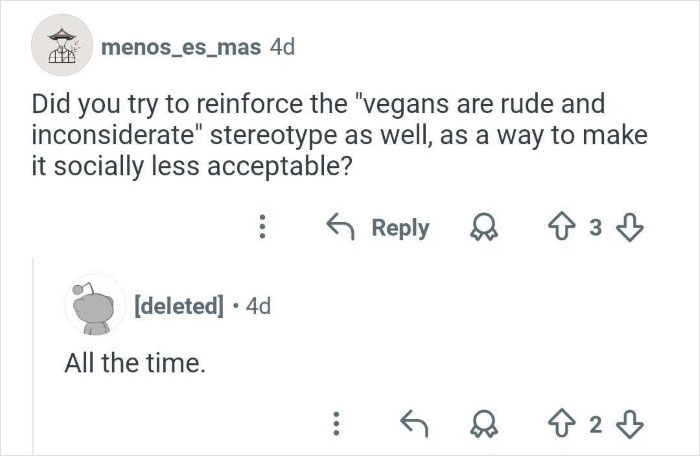 Screenshot of a social media exchange referencing vegans and stereotypes, related to ex-employee discrediting veganism online.