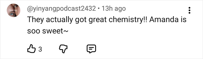 Comment from yinyangpodcast2432 praising Amanda's chemistry, related to Sydney Sweeney lie detector test controversy. Comment from yinyangpodcast2432 praising Amanda's chemistry, related to Sydney Sweeney lie detector test controversy.