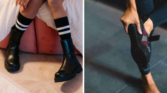 Side-by-side comparison of school uniforms with black boots and casual wear with leggings and dance shoes for style choices.