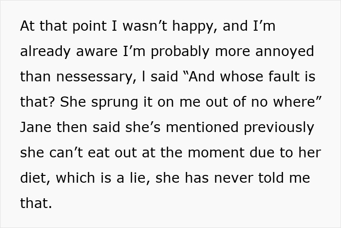 Text excerpt showing a woman ignoring social pressure from coworkers about eating out during her diet.