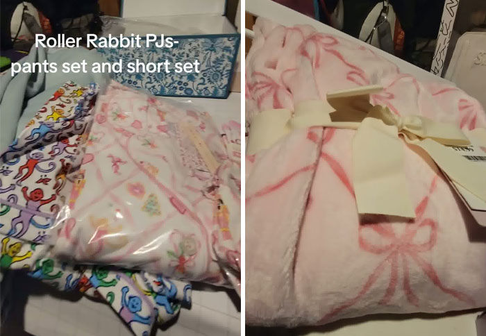 Assorted colorful Roller Rabbit PJ sets and a soft pink robe with a bow, part of a Christmas gift haul for daughter.