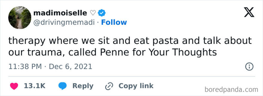 Tweet about therapy humor comparing eating pasta and discussing trauma, linked to memes you might want to share with your therapist.