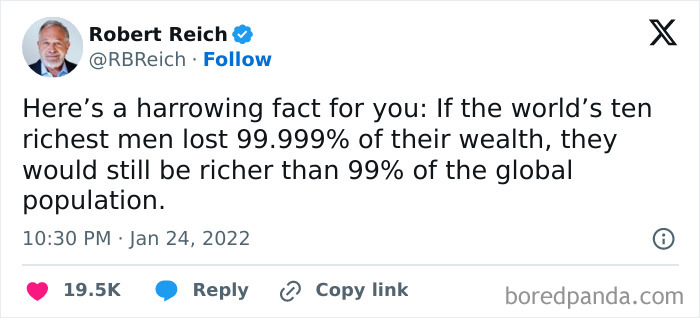 Tweet showing a math problem about wealth distribution among the richest men and the global population.