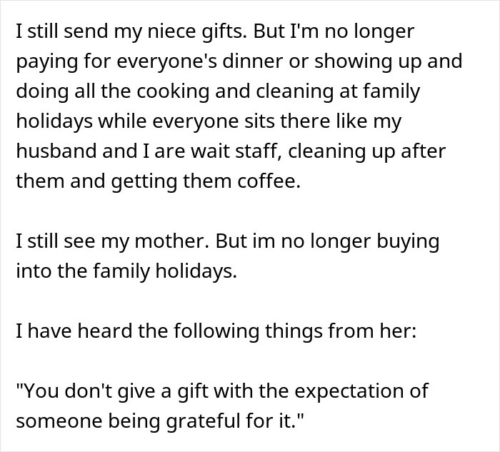 Text discussing family dynamics where the brother makes the bil pay dinner while avoiding holiday responsibilities.