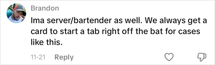 Comment from Brandon explaining server bartenders start a tab with a card on first date disaster situations