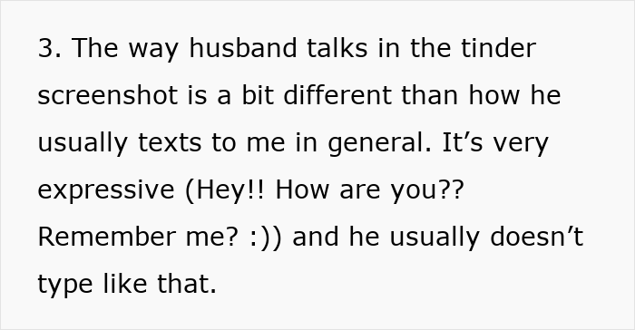 Text excerpt analyzing differences in husband’s Tinder messages, revealing signs of cheating and ex-girlfriend drama. Text excerpt analyzing differences in husband’s Tinder messages, revealing signs of cheating and ex-girlfriend drama.