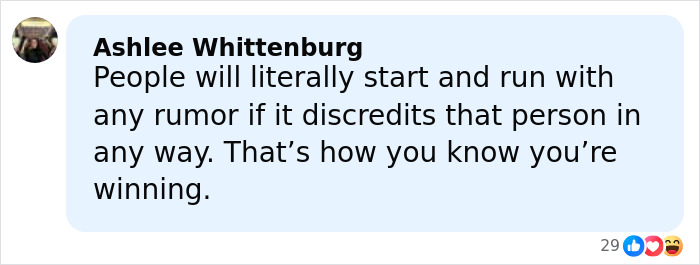 Comment by Ashlee Whittenburg about rumors and winning, displayed in a social media style text box. Comment by Ashlee Whittenburg about rumors and winning, displayed in a social media style text box.