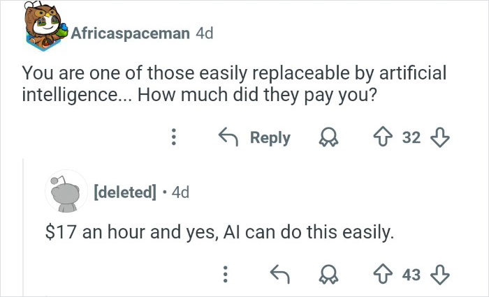 Screenshot of an online comment exchange referencing artificial intelligence and a former employee discrediting veganism.