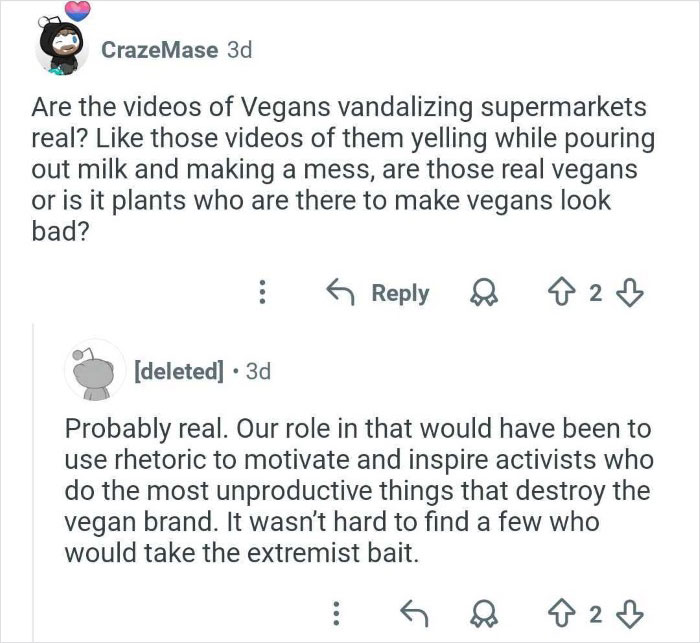 Reddit conversation revealing insight from ex-employee on tactics used to discredit veganism online and extremist activism.