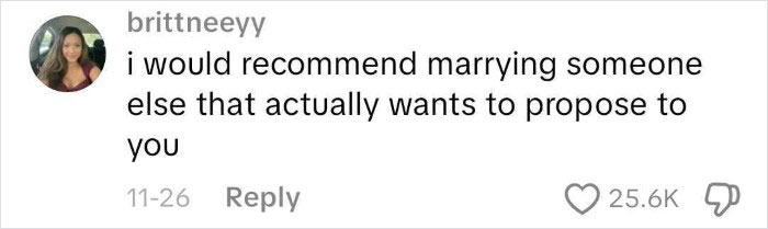 Comment on a social media post expressing skepticism about a woman’s proposal to her boyfriend of 14 years. Comment on a social media post expressing skepticism about a woman’s proposal to her boyfriend of 14 years.