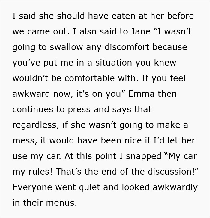 Text excerpt showing a woman not giving in to social pressure from coworkers despite the awkward situation.