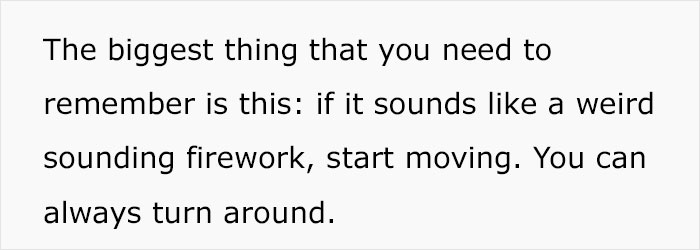 Text about mass shooting survival tips advising to move if hearing weird firework sounds to stay safe.
