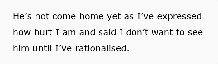 Text on a white background stating a woman feeling hurt and refusing to see her husband until she has rationalized her emotions. Text on a white background stating a woman feeling hurt and refusing to see her husband until she has rationalized her emotions.
