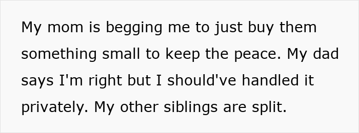 Text conversation about family conflict over no Christmas gifts policy causing backlash from sister and mixed sibling opinions. Text conversation about family conflict over no Christmas gifts policy causing backlash from sister and mixed sibling opinions.