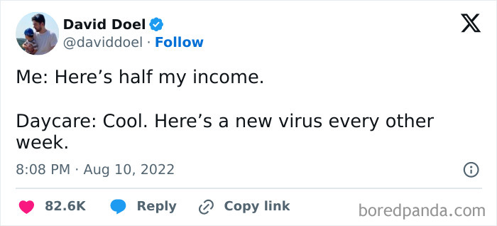 Tweet from David Doel humorously showing relatable memes for parents about daycare virus risks and parenting expenses.